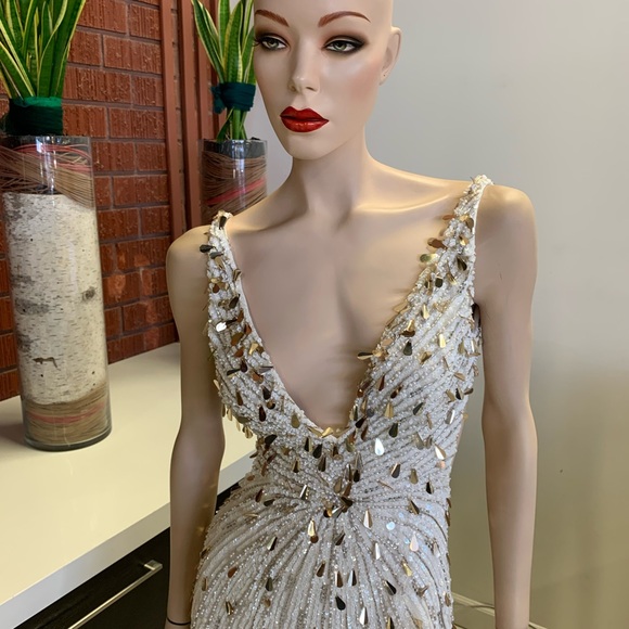 Sherri Hill 54912 Ivory/ Silver/ Gold gown with deep V neckline open back - Picture 4 of 4